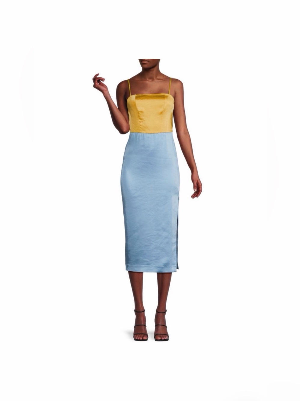 Ramy Brook Yellow & Light Blue Satin Colorblock Midi Skirt